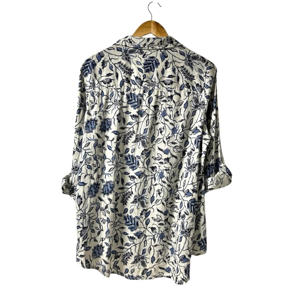 100% Linen Rachel Zoe Blue/Gray Floral Shirt Long Sleeves Roll Tab Buttons Sz M - Picture 5 of 10